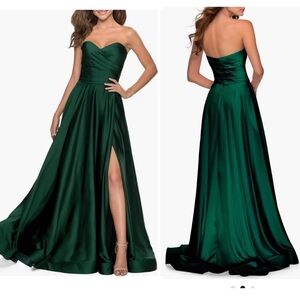 La Femme Strapless Slit Satin Ballgown